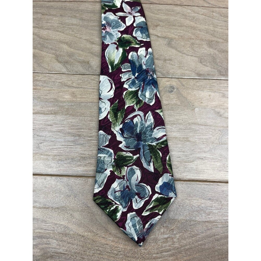 Bellini Men's Floral Tie Burgundy Blue Green Silk 57in